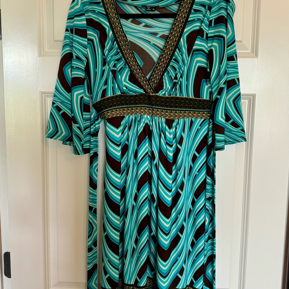 Bohemian XOXO Turquoise and Brown 60s Inspired Geometric Patterned Dress